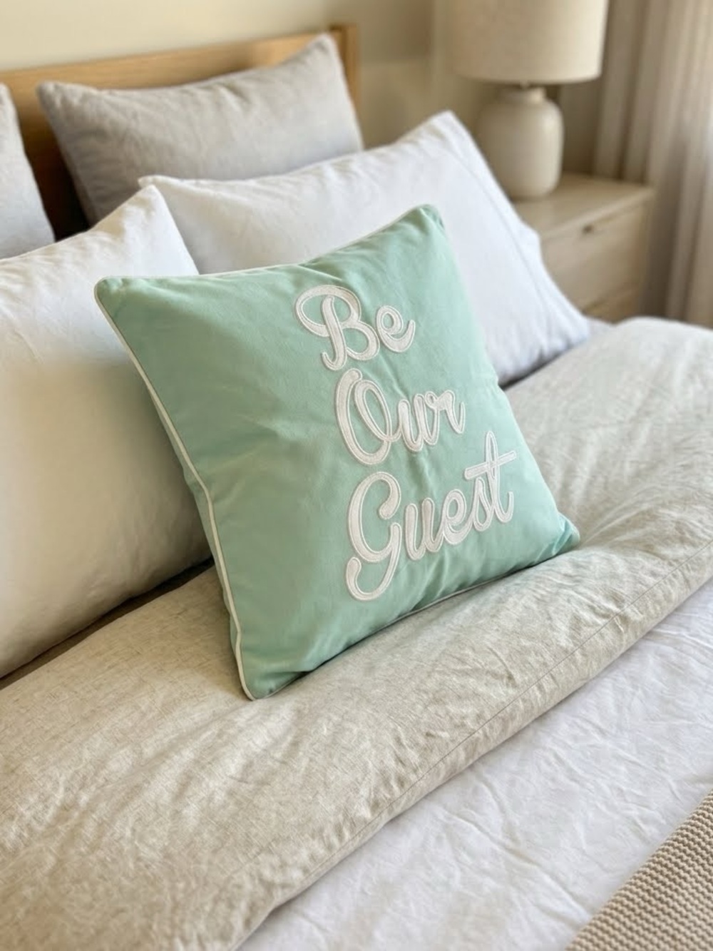 Be Our Guest Pillow Cover 18” Blue Aqua Guest Room Decor + Free Sleep Shades